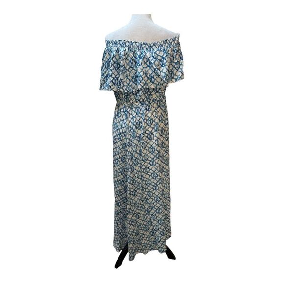 Chicos Off The Shoulder Maxi Dress Blue White Geometric Print Elastic Waist Sz 8 - Picture 3 of 8